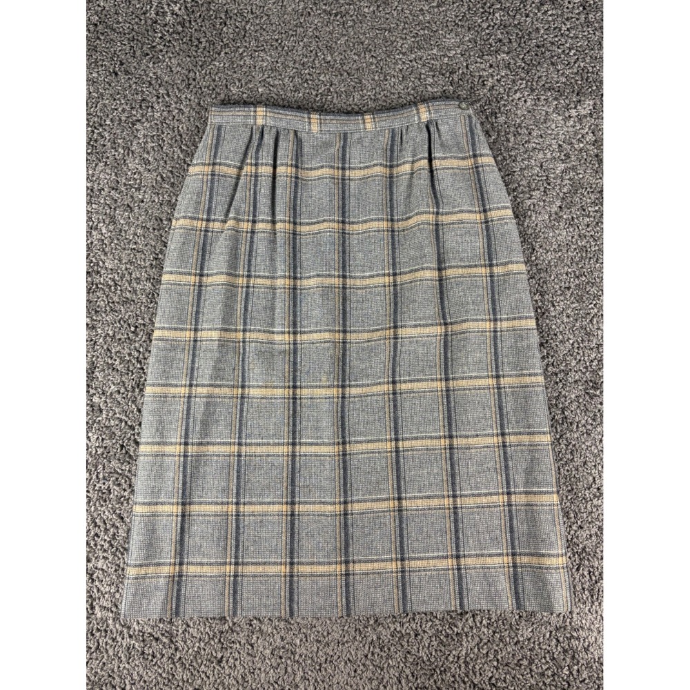 Vintage Pendleton Gray Tan Plaid Pure Virgin Wool Midi Skirt Made in USA 14